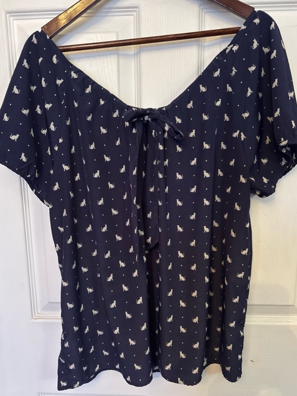 Old Navy Navy Blue & White Cat Print Tie Back Blouse XL BOHO esthetic dopamine